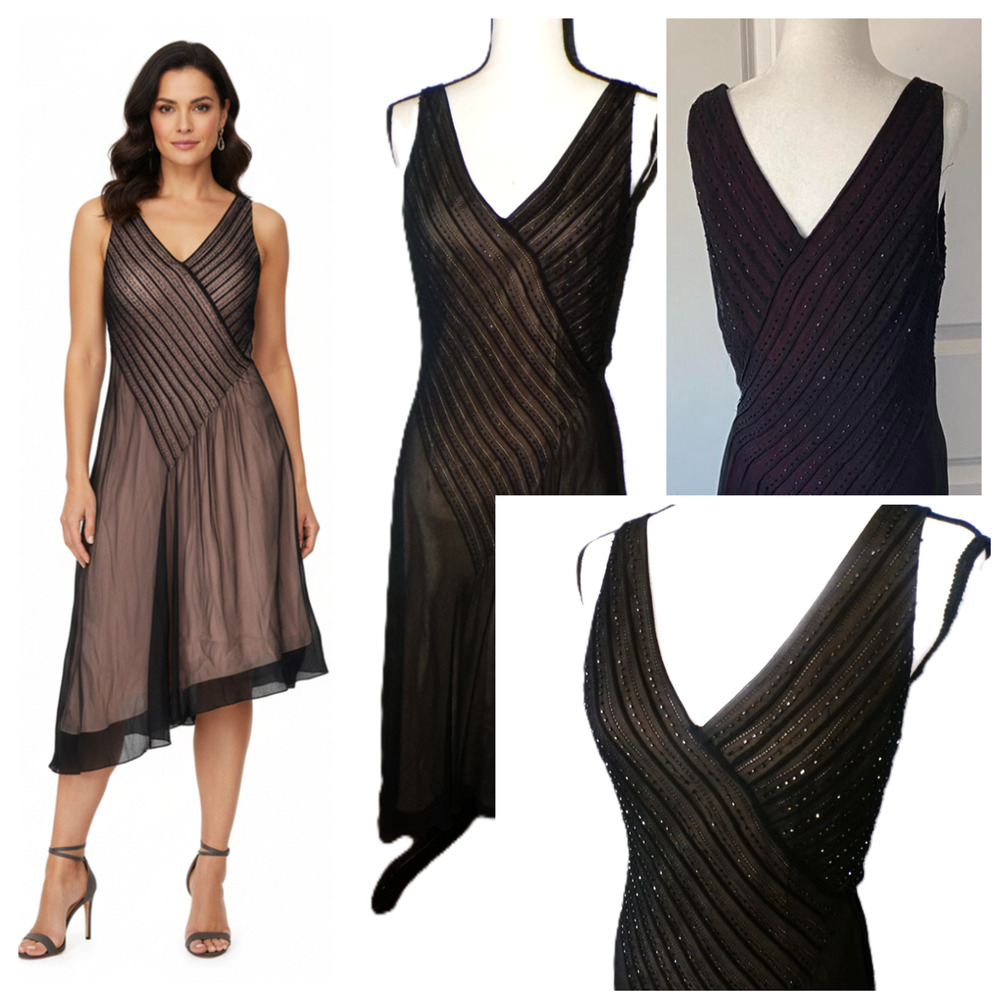 y2k Adrianna Midi Dress 10 Black Sheer Silk Bead Asymmetric Whimsigoth Fairygoth